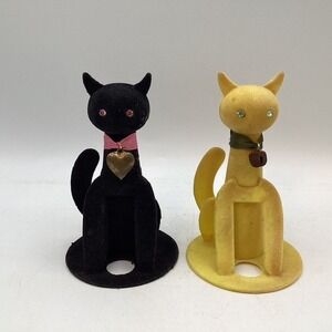 Retro Flocked Cat Figurines Max Factor Black Yellow Pair Kitsch Decor Hong Kong